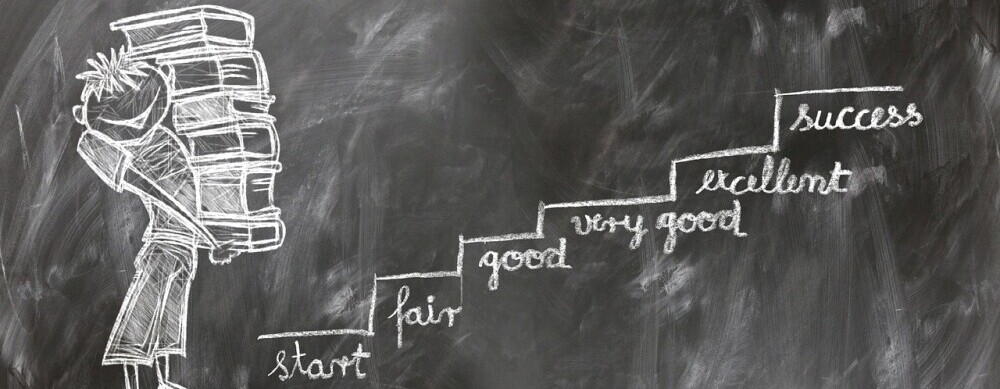 A blackboard with an image of a boy carrying a pile of books standing at the bottom of the steps. Each steps eventually lead to success.